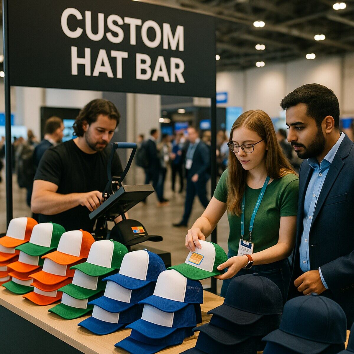 Hat bar station inside a rented merch booth with caps and patches ready to press